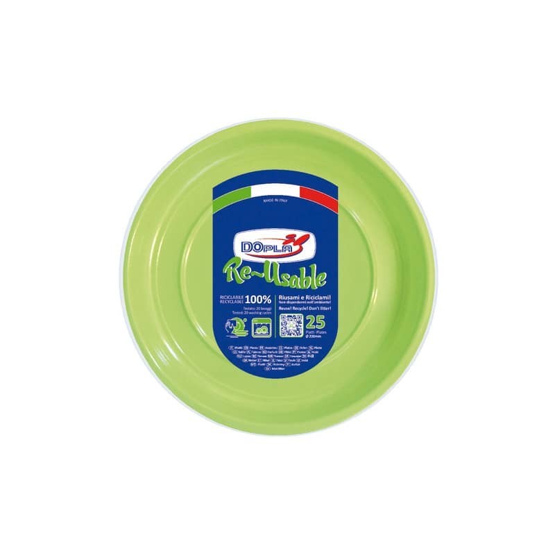 Piatti piani verde acido in polistirene h.19 mm conf. 25 pz Dopla Reusable Ø 220 mm - 11843