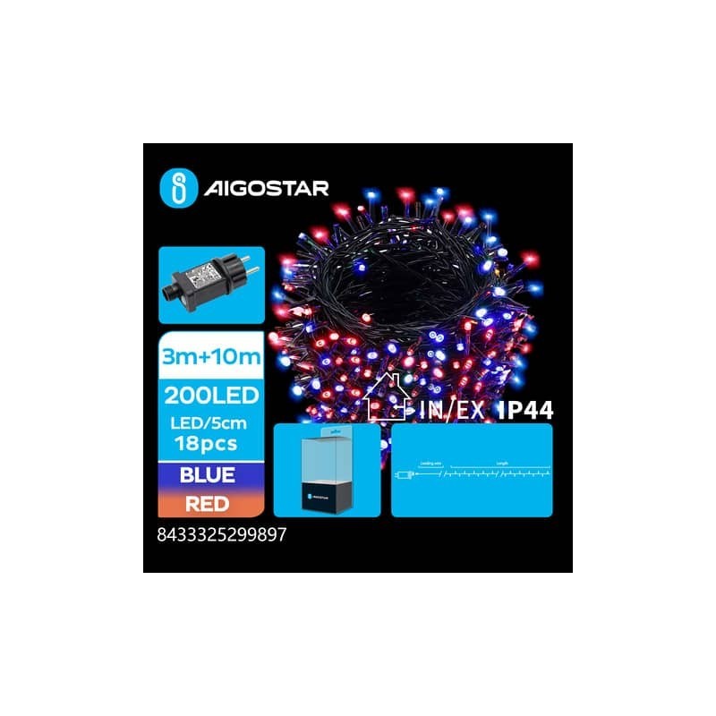 Catena luminosa per interni ed esterni a basso voltaggio Aigostar luce rossa e blu 10 m 200 led - 299897
