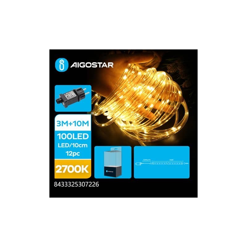 Catena luminosa tubolare per interni ed esterni a basso voltaggio Aigostar luce calda 2700K 10 m 100 led - 307226