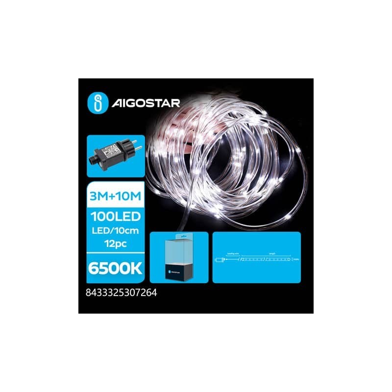 Catena luminosa tubolare per interni ed esterni a basso voltaggio Aigostar luce fredda 6500K 10 m 100 led - 307264