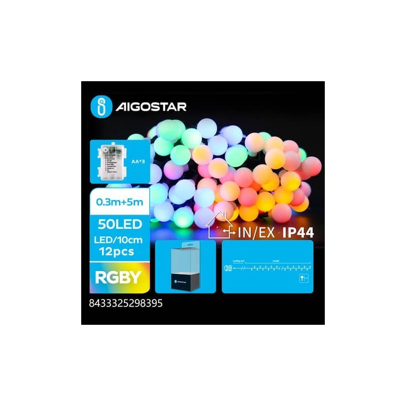 Catena luminosa a batteria Aigostar per interni ed esterni con lampadine a sfera multicolore 50 led 5 m - 298395