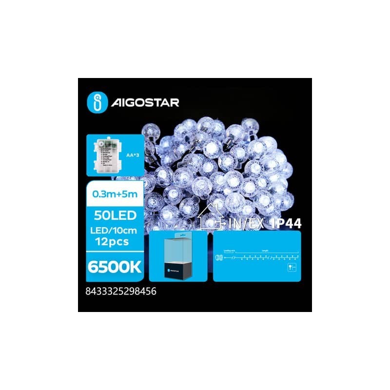 Catena luminosa a batteria Aigostar per interni ed esterni con lampadine a sfera luce fredda 6500K 50 led 5 m - 298456