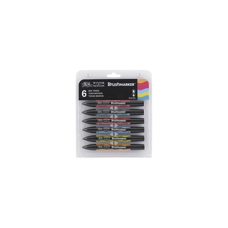 Pennarelli Winsor&Newton Promarker Brush doppia punta scalpello-pennello - conf. 6 pz toni medi - 0290124