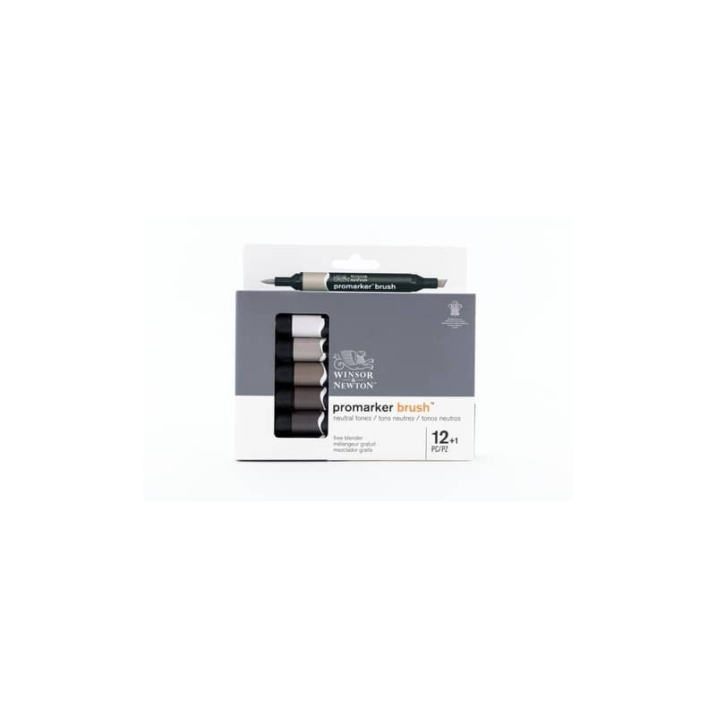 Pennarelli Winsor&Newton Promarker Brush doppia punta scalpello-pennello - conf. 12 colori grigi + 1 blender - 0290144