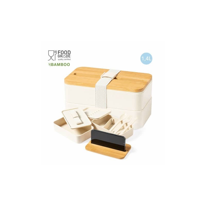 Lunch box Graftan a 2 scomparti con posate, porta smartphone e coperchio in bambù 1,4 L - 1479
