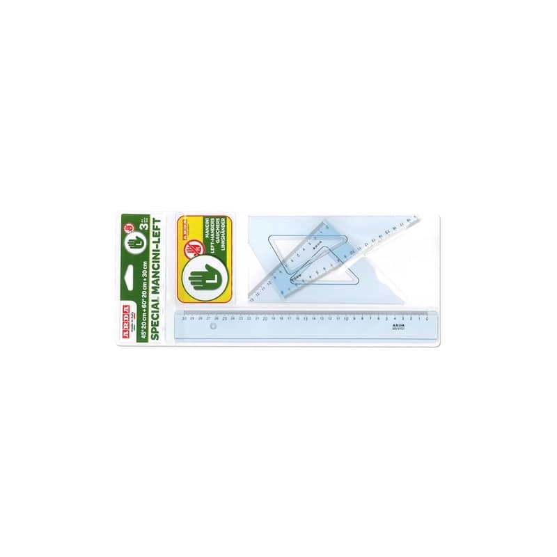 Set disegno 3 pezzi per mancini Arda 2 squadre 45°e 60° + 1 righello 30 cm 70420MAN