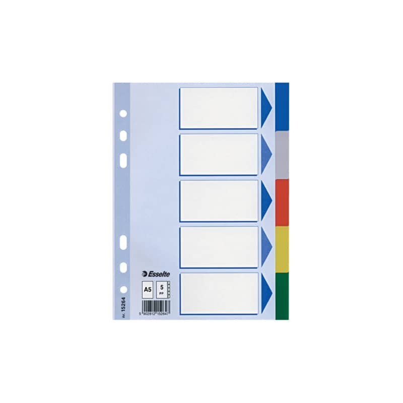 Intercalari in cartoncino rivestiti in PPL Esselte Essentials A5 - 5 tasti - 152640 (Conf.20)