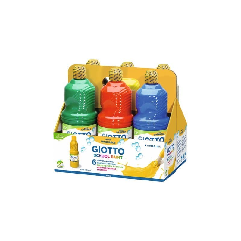 Tempera pronta Giotto School Paint in flacone 1 L - conf. da 6 colori assortiti - F530900