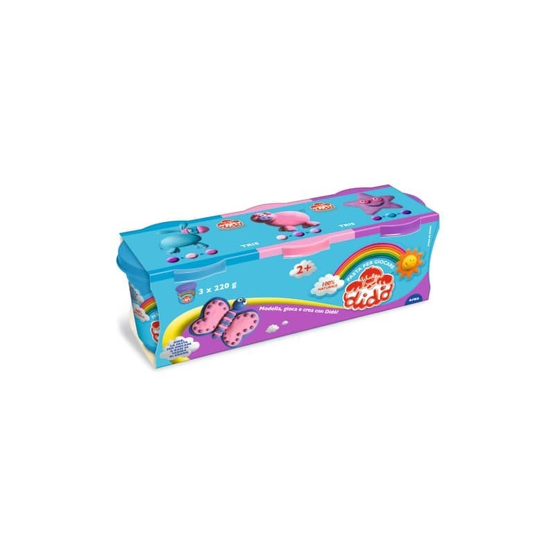 Pasta modellabile Didò Tris 3 x 220 g nei colori azzurro, viola e rosa - conf. 3 pz - F390464