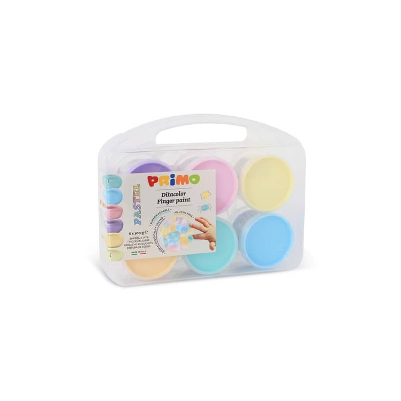 Tempera a dita Primo 100 g - valigetta 6 colori assortiti pastello in vasetti in polipropilene - 2212TD6PAST