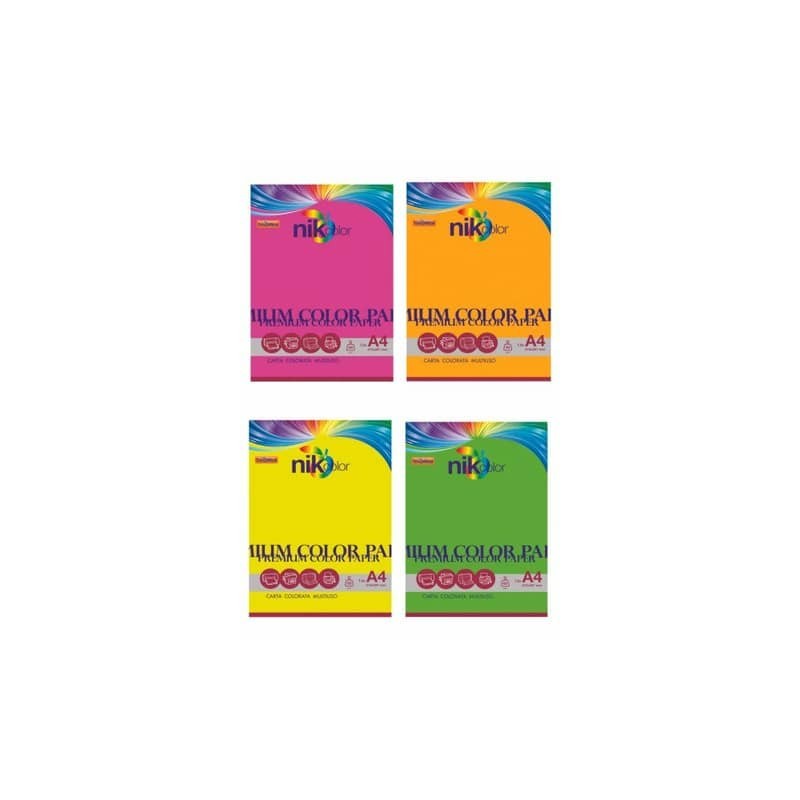 Carta colorata fluo formato A4 Nikoffice 4 colori assortiti fluo 160 g - 125 ff - 23NIK123