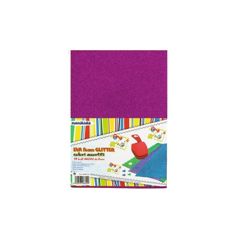 Foam in gomma Nikoffice EVA formato A4 colori assortiti glitterato adesivo - conf. 10 fogli - 23NIK133 (Conf.3)