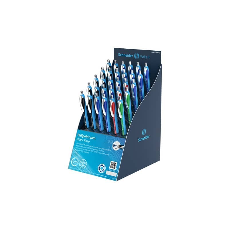 Espositore 30 penne a sfera a scatto ricaricabili Schneider Slider Rave tratto XB - 4 colori assortiti - P304022