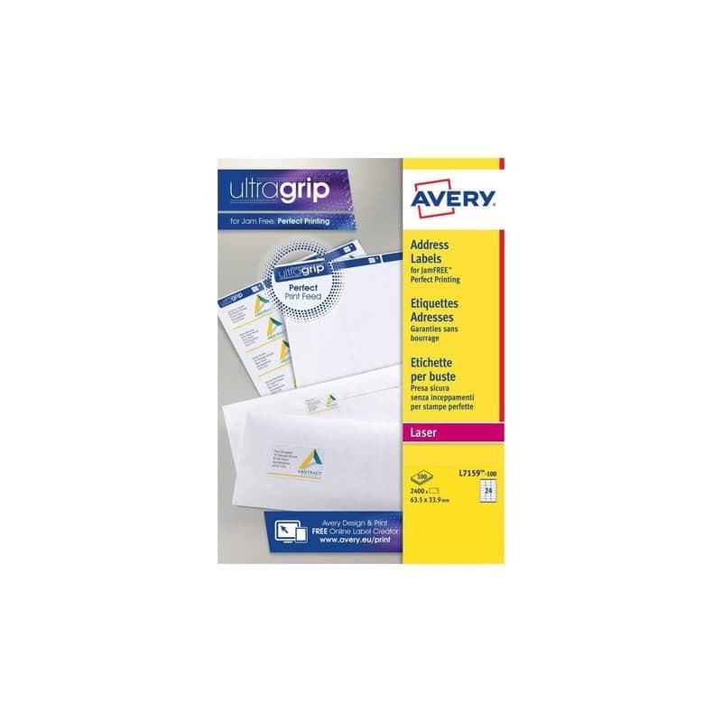 Etichette bianche per indirizzi AVERY Ultragrip™ 63,5x33,9 mm - 24 et/foglio - stampanti laser cf. 100 fogli L7159-100