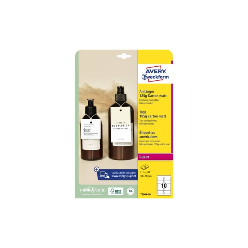 Cartellini rettangolari micro-perforati Avery in cartoncino da 185 g in conf. da 150 pz 80x50 mm - T1002-10