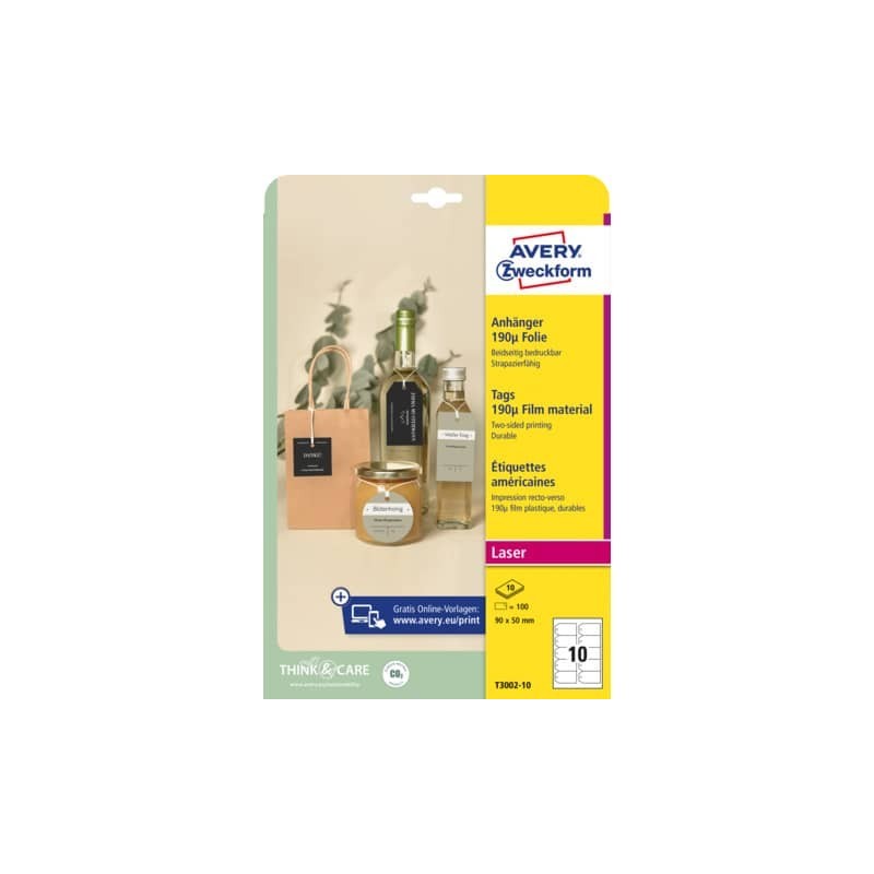 Cartellini micro-perforati Avery ultraresistenti in plastica da 190µ rettangolari in conf. da 100 pz T3002-10