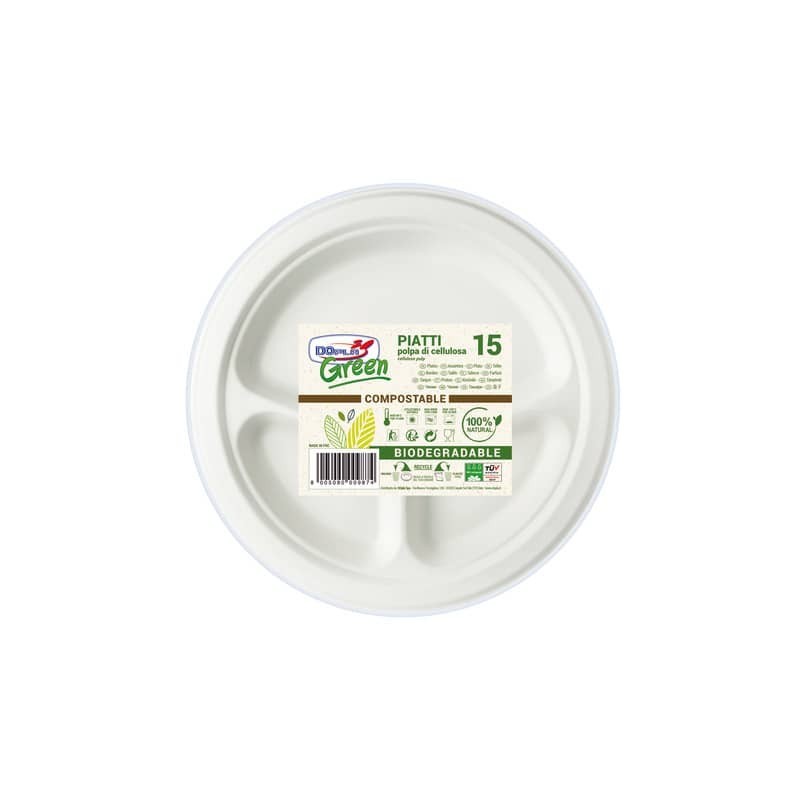 Piatti in polpa di cellulosa Dopla Green a 3 scomparti Ø 254 mm bianco - conf. 15 pz - 7744
