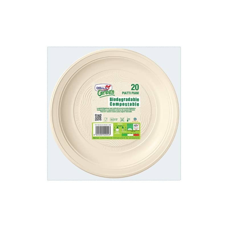 Piatti piani biodegradabili e compostabili Dopla Green avorio Ø 205 mm - conf. 20 pz - 11796