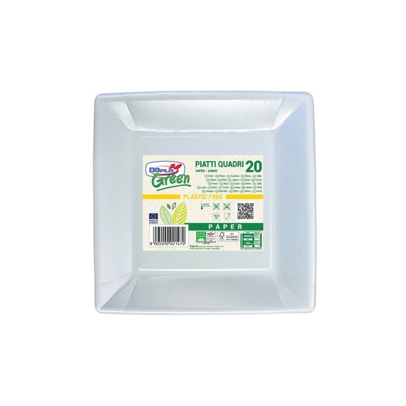 Piatti quadrati Dopla Green carta fibra vergine - 185x185 mm bianco - conf. 20 pz  - 11805