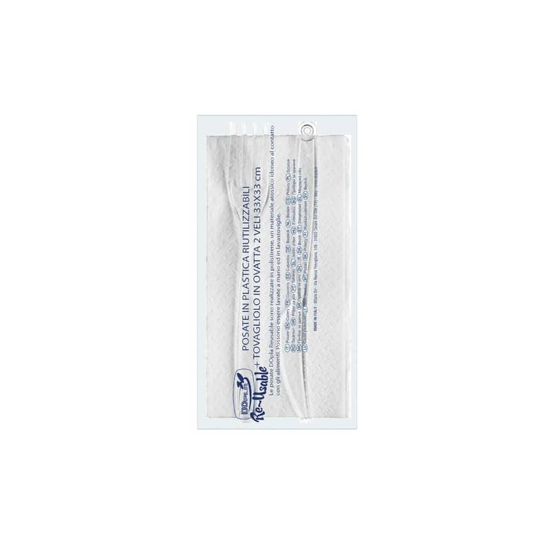 Set 2 posate trasparenti Dopla Reusable in PS con tovagliolo 33x33 cm - conf. 100 pz - 03943