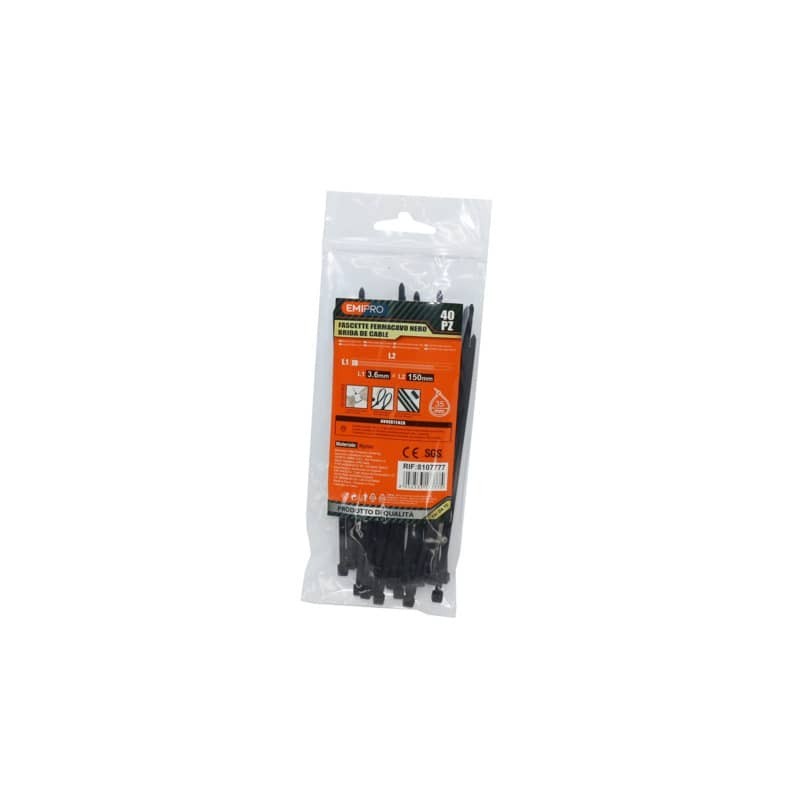 Fascette farmacavo in nylon Emi - 150x3,6 mm - colore nero - conf. 40 pezzi - 8107777