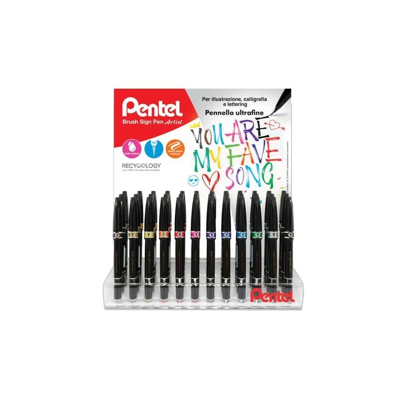 Espositore da banco 48 pennarelli Pentel brush sign pen artist - colori assortiti - 0022152