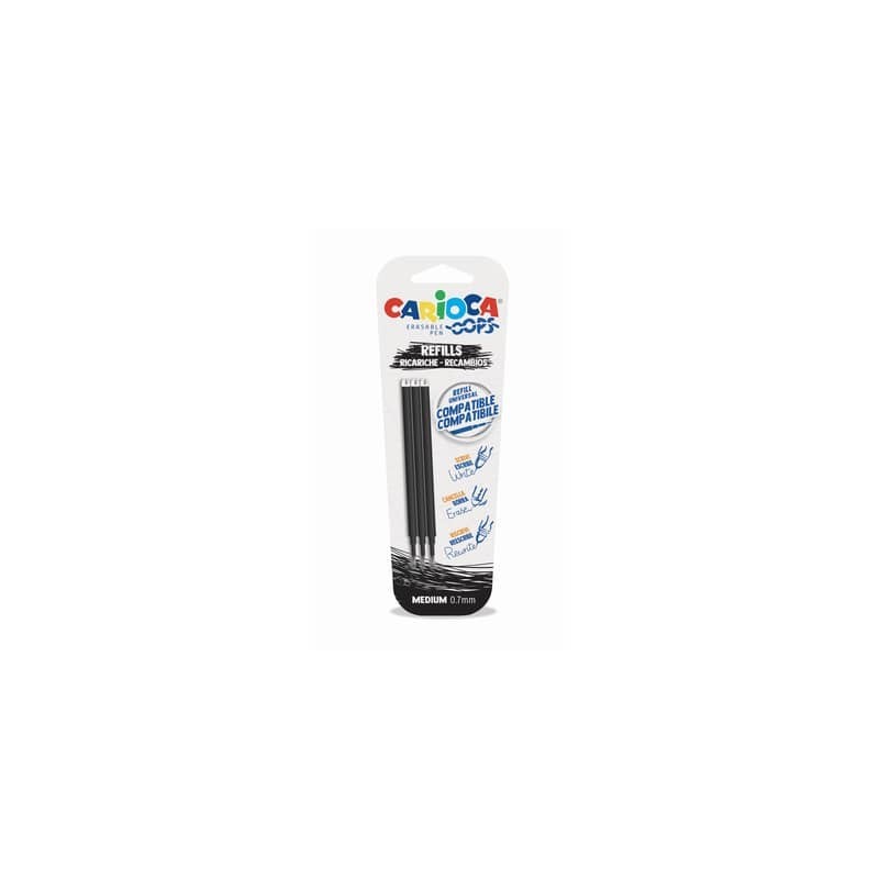 Refill penne cancellabili Carioca OOPS 0,7 mm in blister da 3 pz nero 43041/01