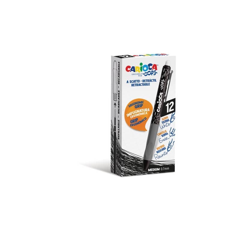 Penne a scatto cancellabili Carioca OOPS inchiostro termosensibile M 0,7 mm conf. da 12 nero - 43043/01
