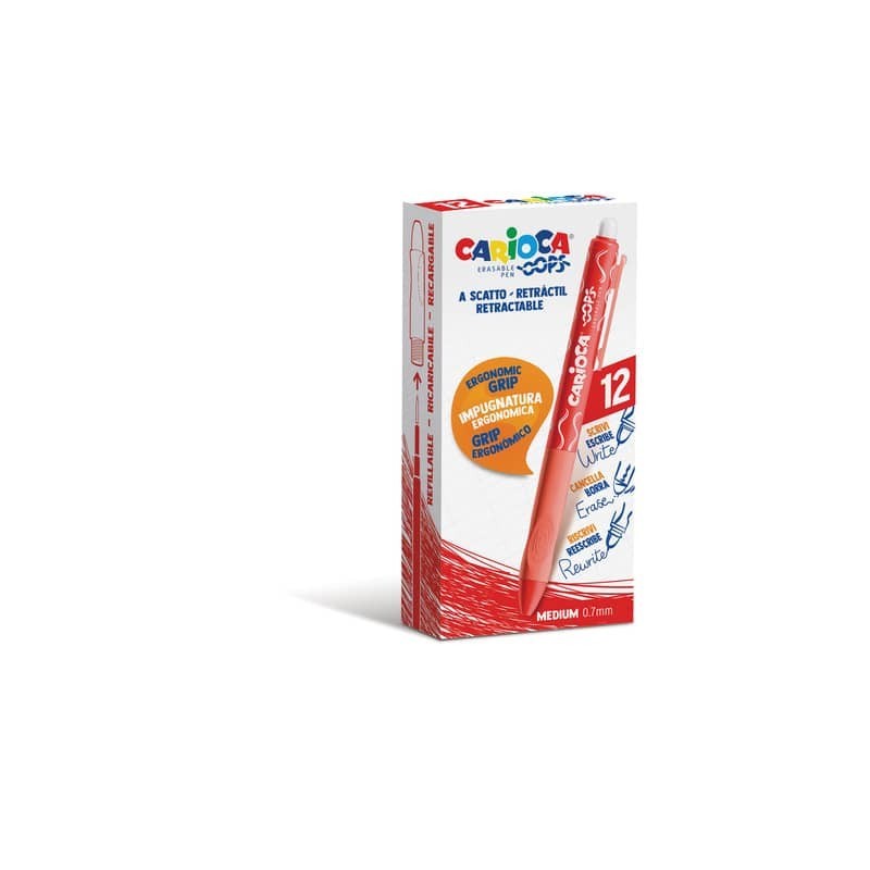 Penne a scatto cancellabili Carioca OOPS inchiostro termosensibile M 0,7 mm conf. da 12 rosso - 43043/03