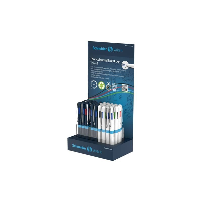 Espositore 36 penne a sfera ricaricabili 4 colori Schneider Take 4 tratto M - P305462
