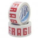 Nastro adesivo da imballo Vinyl SYROM formato 50 mm x 66 m - pvc bianco (stampa rossa "fragile") - 7621
