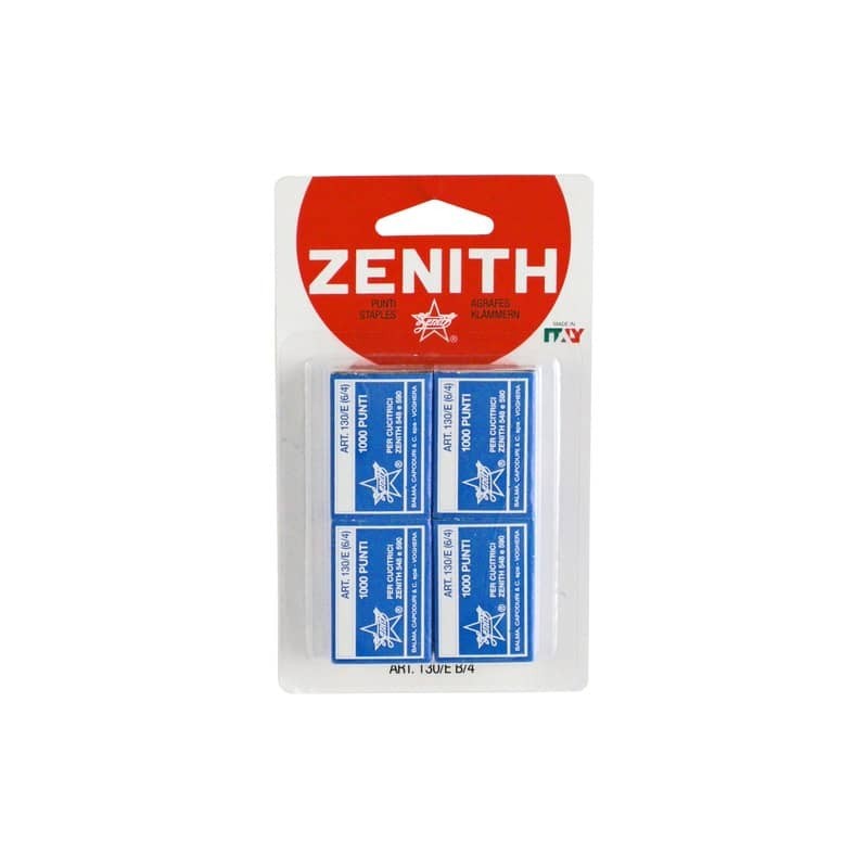 Punti Zenith 130/E standard 6/4 con filo in acciaio naturale - blister 4 scatole da 1.000 punti/cad. -