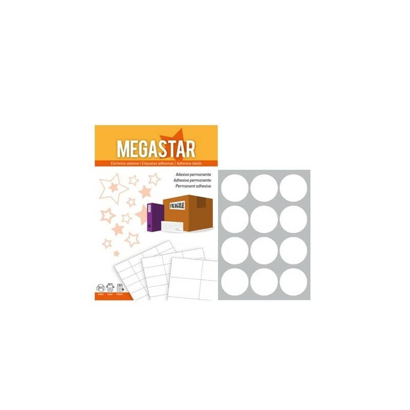 Etichette bianche rotonde con margini Megastar 12 et./foglio conf. da 100 fogli d.60 mm - LP4MS-60