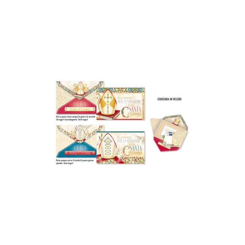 Biglietti augurali portasoldi Cresima Cromo con velcro - conf. da 12 - assortiti - CR.8188