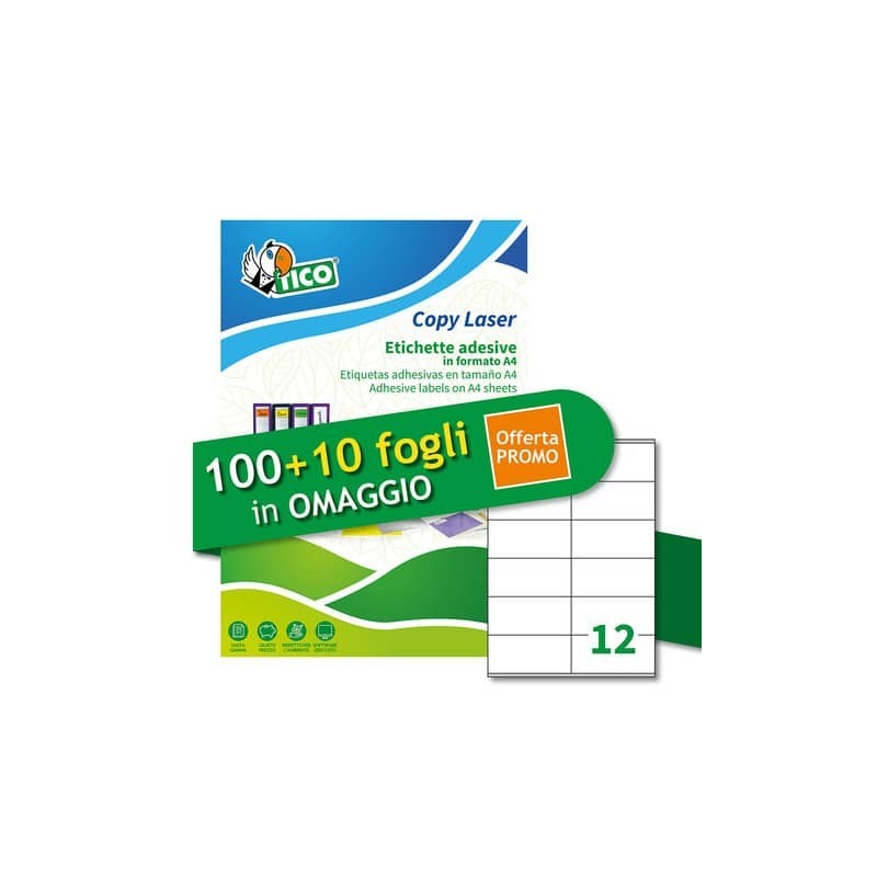 Etichette bianche adesive permanenti Tico laser/inkjet 12 et./foglio conf. 100+10 ff OMAGGIO 105x48 mm