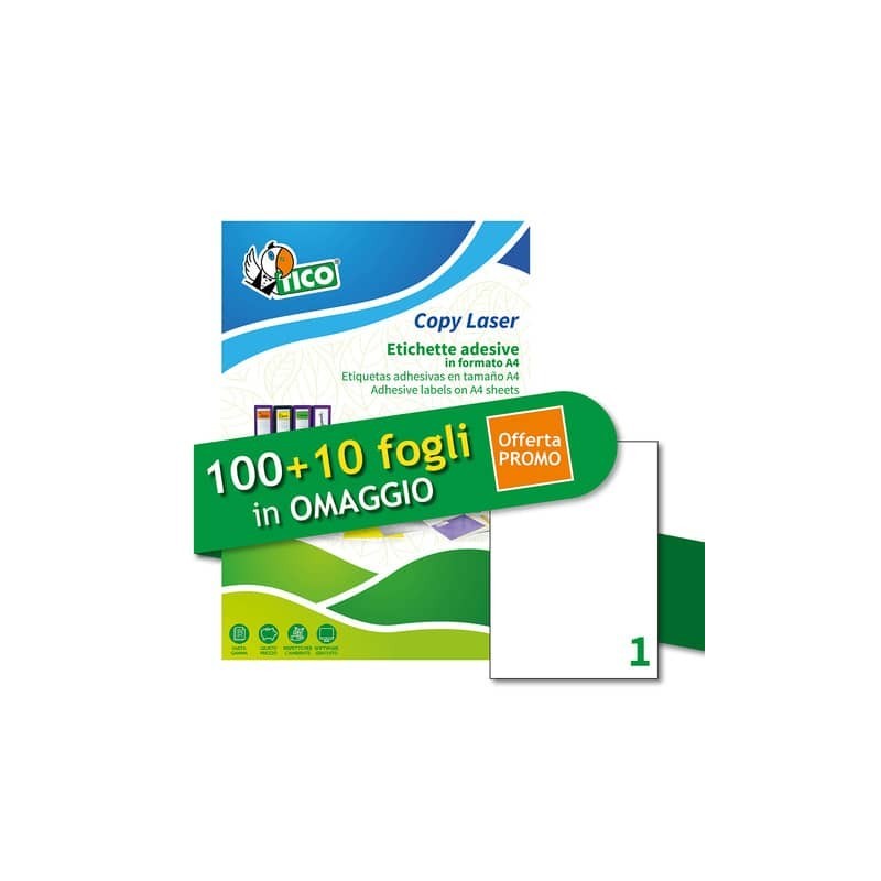 Etichette bianche adesive permanenti Tico laser/inkjet 1 et./foglio conf. 100+10 ff OMAGGIO 210x297 mm