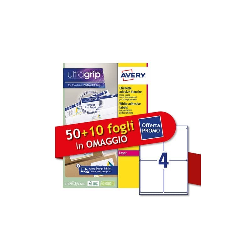 Etichette bianche Avery Ultragrip & Jamfree™ adesivo permanente laser 4 et./foglio conf. 50+10 ff OMAGGIO
