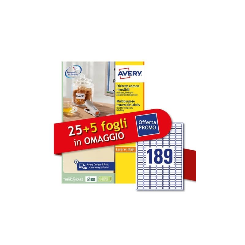 Etichette bianche rimovibili Avery laser/inkjet 189 et./foglio conf.25+5 ff OMAGGIO 25,4x10 mm - L4731REV30P