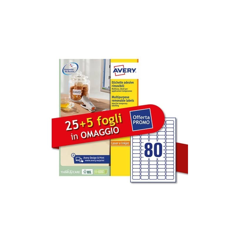 Etichette bianche rimovibili Avery laser/inkjet 80 et./foglio conf.25+5 ff OMAGGIO 35,6x16,9 mm - L4732REV-30P
