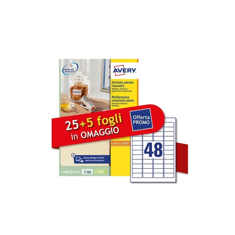 Etichette bianche rimovibili Avery laser/inkjet 48 et./foglio conf.25+5 ff OMAGGIO 45,7x21,2 mm - L4736REV-30P