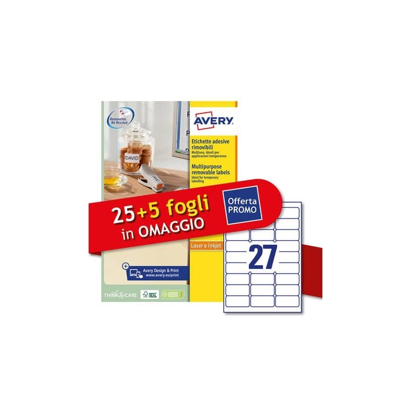 Etichette bianche rimovibili Avery laser/inkjet 27 et./foglio conf.25+5 ff OMAGGIO 63,5x29,6 mm - L4737REV-30P