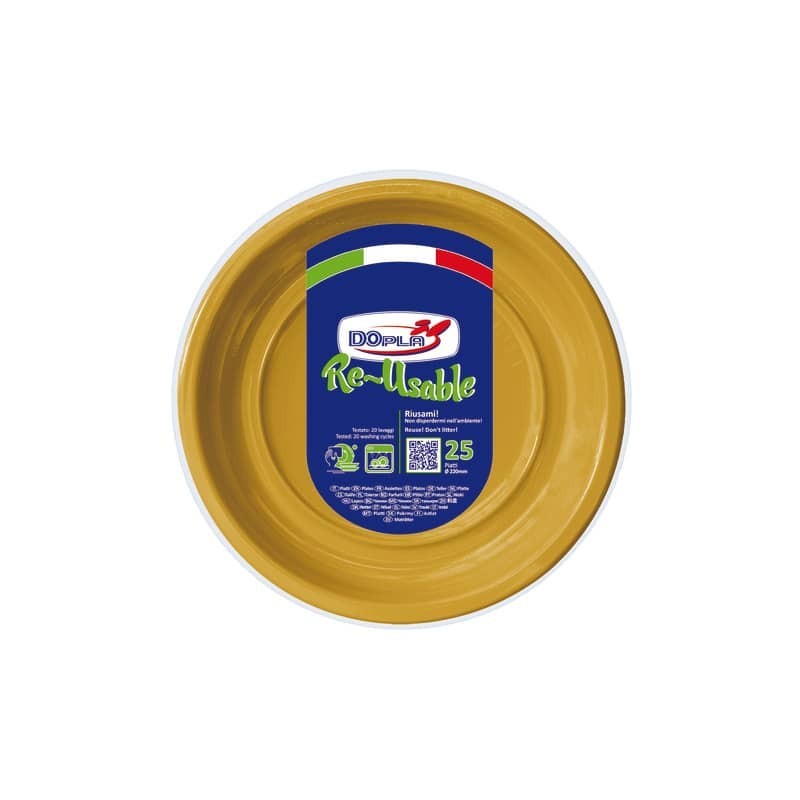 Piatti piani in PS Dopla Reusable Ø 220 mm oro - conf. 25 pz - 11858