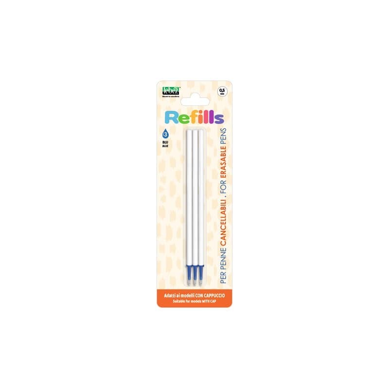Conf. 12 blister da 3 refill inchiostro cancellabile Lebez blu per penne con cappuccio 0,5 mm - 81807
