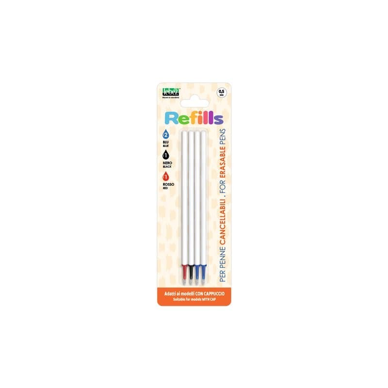 Conf. 12 blister da 4 refill inchiostro cancellabile Lebez blu, nero, rosso per penne 0,5 mm con cappuccio - 81808