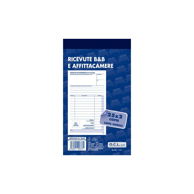 Blocco ricevute B&B e affittacamere O.C.L. 25x2 copie - conf. 10 blocchi - 9,9x17 cm - 0245