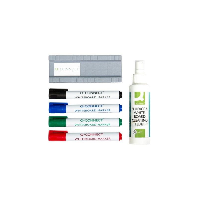 Starter Kit per lavagna bianca Q-Connect 4 pennarelli ass./cancellino pelabile/ liquido pulizia 250 ml in blister