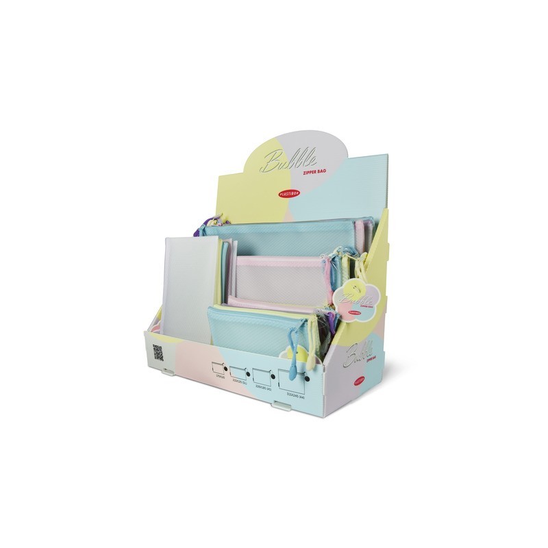 Espositore 40 buste Plastibor Bubble in EVA con zip cucita in tessuto - formati e colori pastello assortiti - P9431090