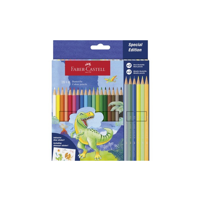 Matite colorate Faber-Castell fusto esagonale in conf. da 18 Classic dinosauro + 6 Metallic - 111222