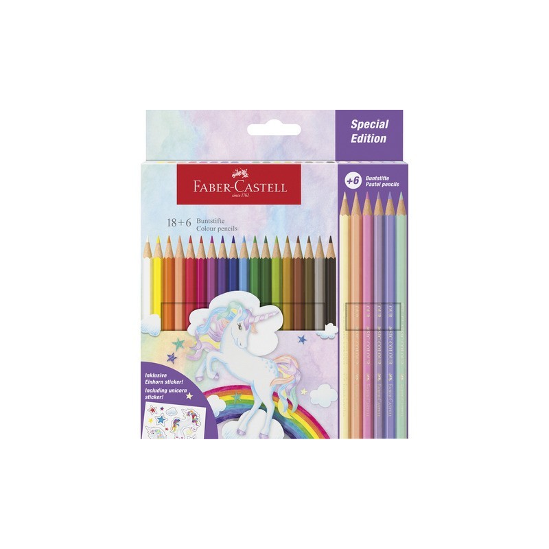 Matite colorate Faber-Castell fusto esagonale in conf. da 18 Classic unicorno + 6 Pastel - 111221