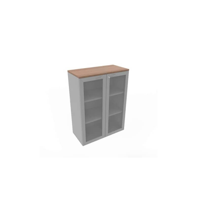 Armadio medio ante vetro telaio MDF, top noce canaletto scocca trama antracite 90x45xH.123,2 cm - ECEM90T-NO-TA-V3